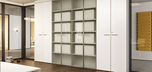 Arrumação para escritório, Armário alto para escritório em madeira e vidro